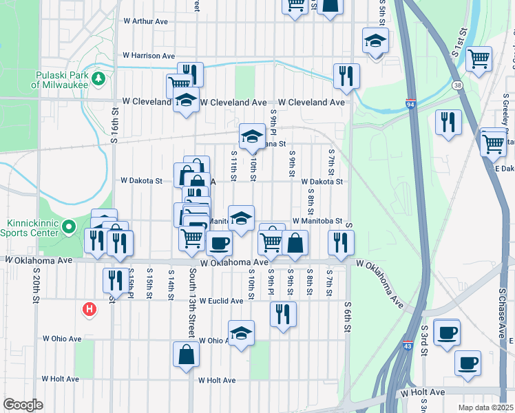 map of restaurants, bars, coffee shops, grocery stores, and more near 2917 South 10th Street in Milwaukee