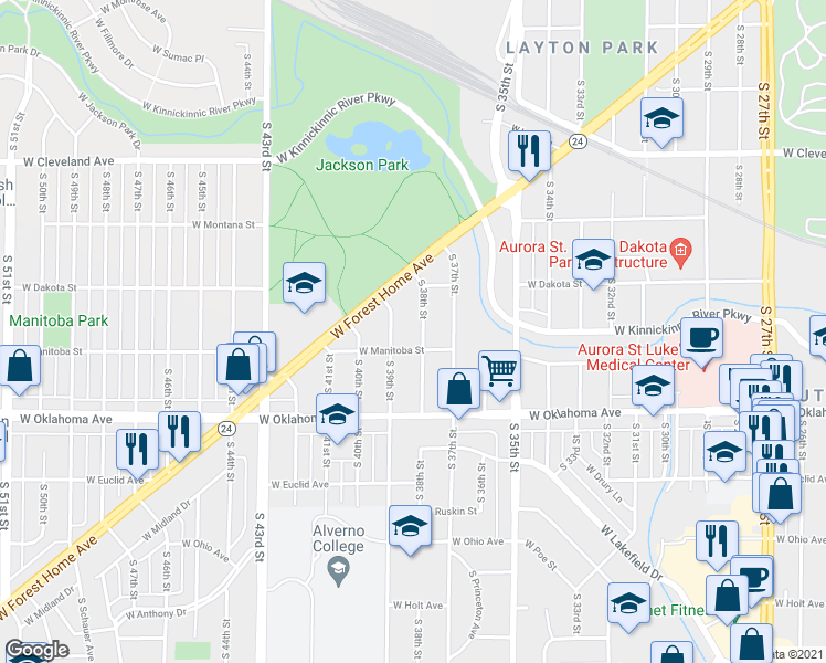 map of restaurants, bars, coffee shops, grocery stores, and more near 2924 South 38th Street in Milwaukee