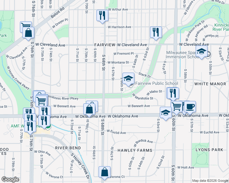 map of restaurants, bars, coffee shops, grocery stores, and more near 2922 South 67th Street in Milwaukee