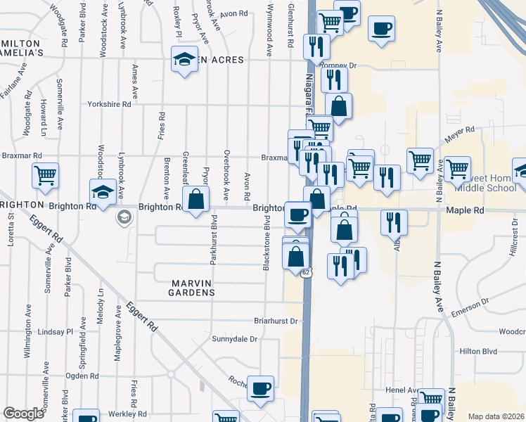 map of restaurants, bars, coffee shops, grocery stores, and more near 17 Wynnwood Avenue in Tonawanda