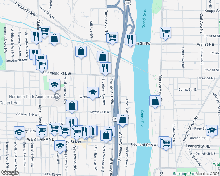 map of restaurants, bars, coffee shops, grocery stores, and more near 1529 Turner Avenue Northwest in Grand Rapids