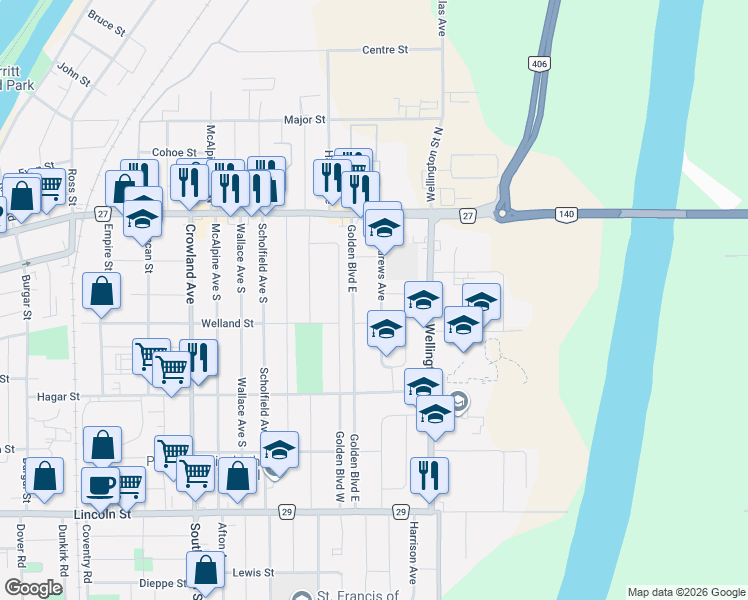 map of restaurants, bars, coffee shops, grocery stores, and more near 65 Saint Andrews Avenue in Welland