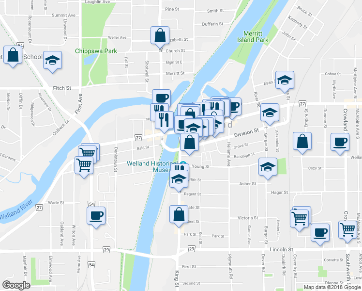 map of restaurants, bars, coffee shops, grocery stores, and more near 51 King Street in Welland