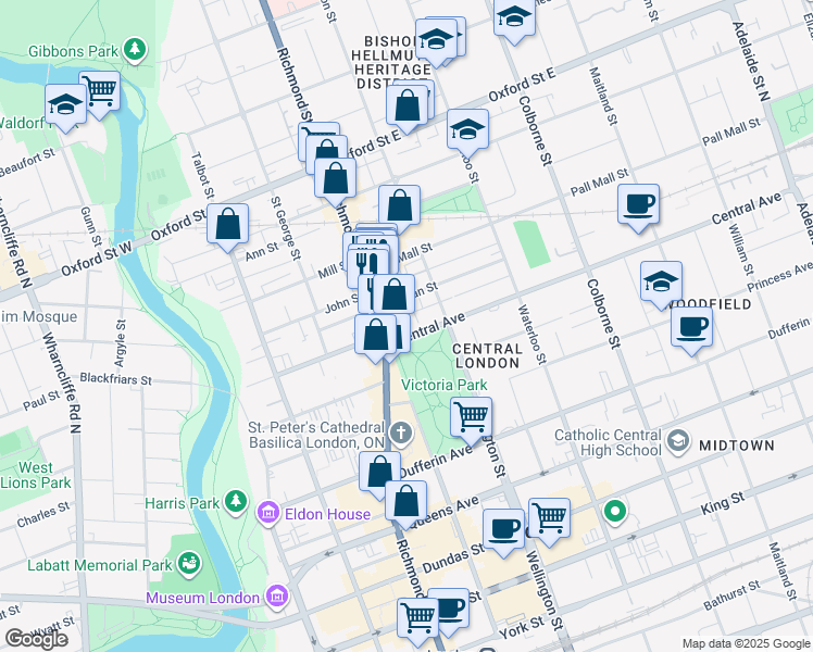map of restaurants, bars, coffee shops, grocery stores, and more near in London