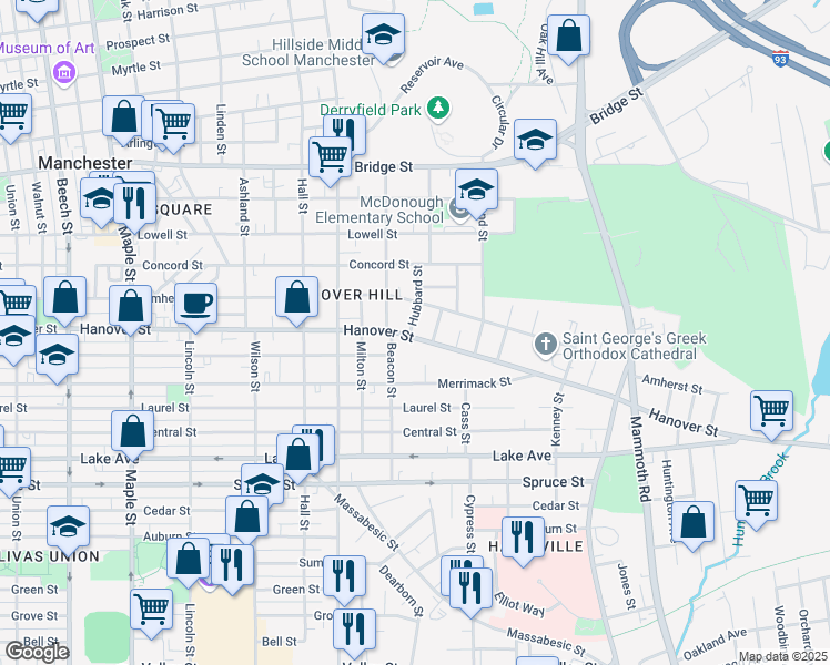 map of restaurants, bars, coffee shops, grocery stores, and more near 544 Hanover Street in Manchester