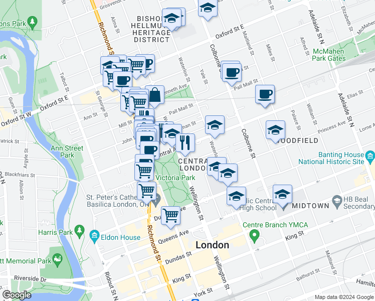 map of restaurants, bars, coffee shops, grocery stores, and more near 293 Central Avenue in London