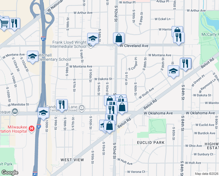 map of restaurants, bars, coffee shops, grocery stores, and more near 2913 South 93rd Street in West Allis