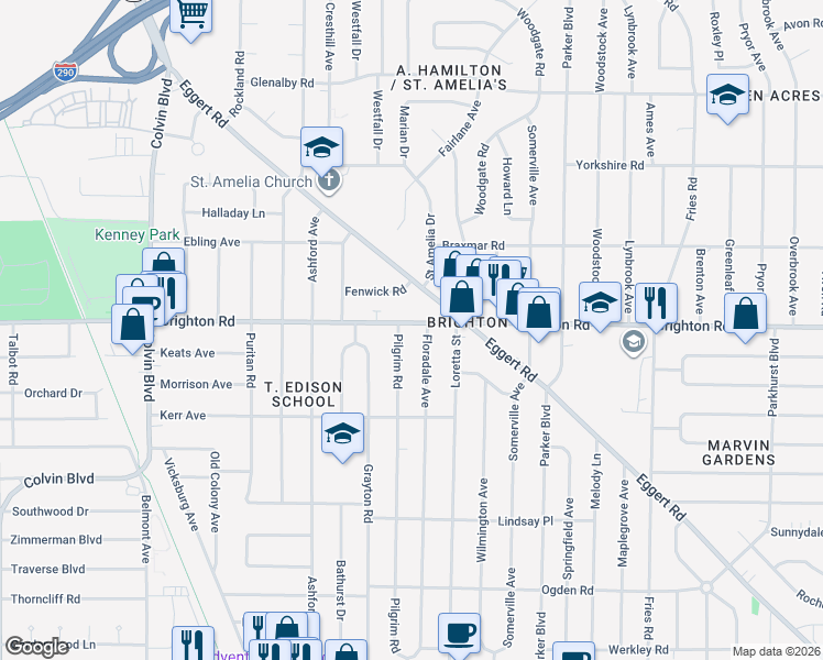map of restaurants, bars, coffee shops, grocery stores, and more near 818 Brighton Road in Tonawanda