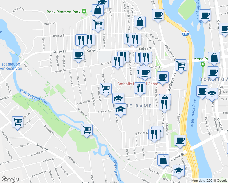 map of restaurants, bars, coffee shops, grocery stores, and more near 331 Blucher Street in Manchester