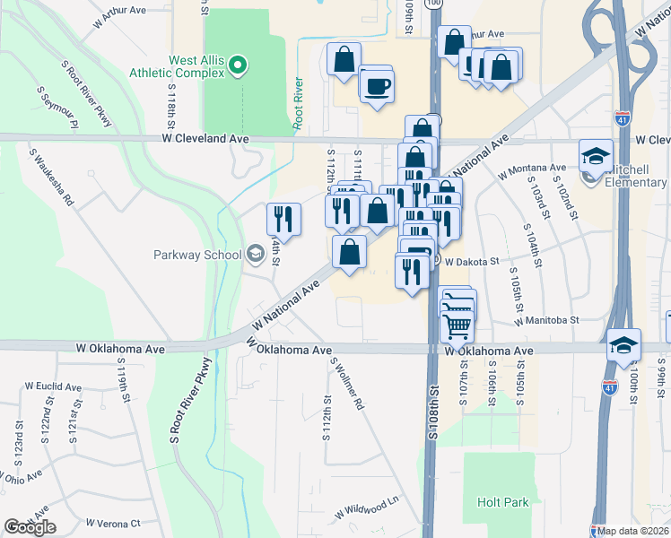 map of restaurants, bars, coffee shops, grocery stores, and more near 11229 West National Avenue in Milwaukee