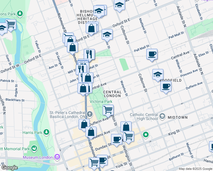 map of restaurants, bars, coffee shops, grocery stores, and more near 291 Central Avenue in London