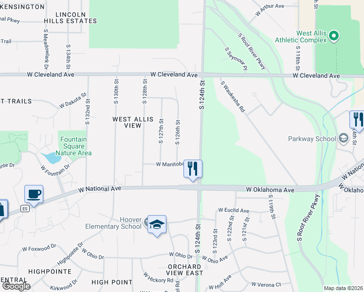 map of restaurants, bars, coffee shops, grocery stores, and more near 2905 South 124th Street in New Berlin