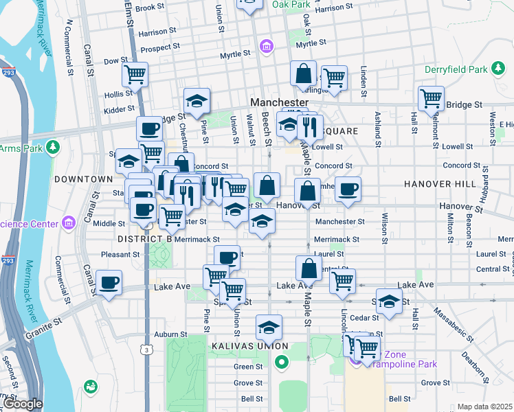 map of restaurants, bars, coffee shops, grocery stores, and more near 510 Beech Street in Manchester