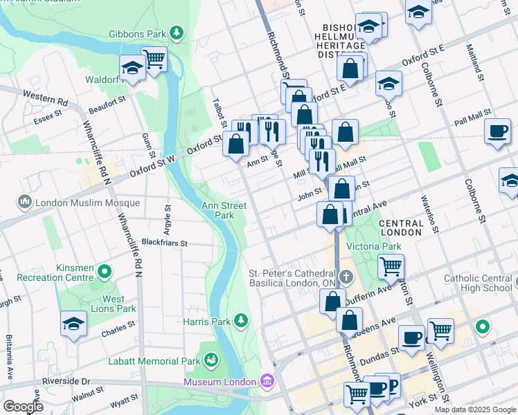 map of restaurants, bars, coffee shops, grocery stores, and more near 666 Talbot Street in London