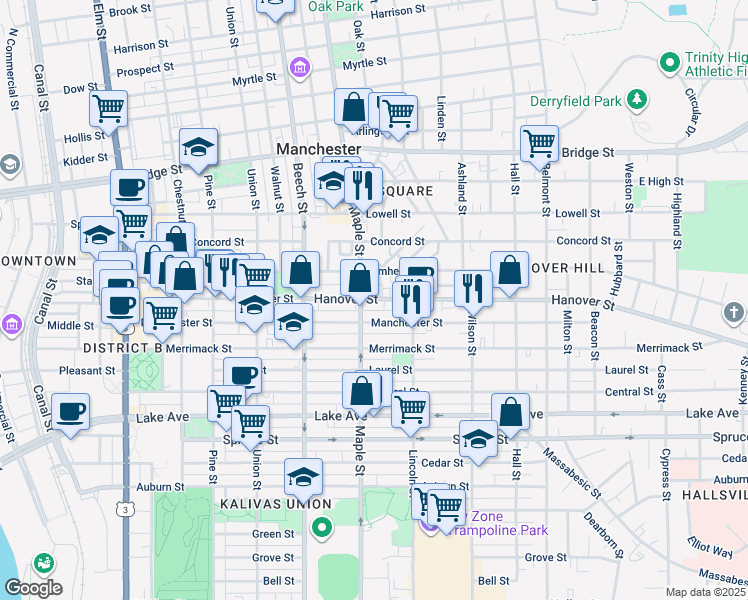 map of restaurants, bars, coffee shops, grocery stores, and more near 453 Maple Street in Manchester