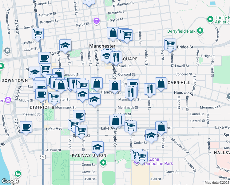 map of restaurants, bars, coffee shops, grocery stores, and more near 453 Maple Street in Manchester