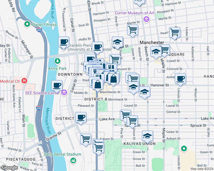 map of restaurants, bars, coffee shops, grocery stores, and more near 35 Amherst Street in Manchester