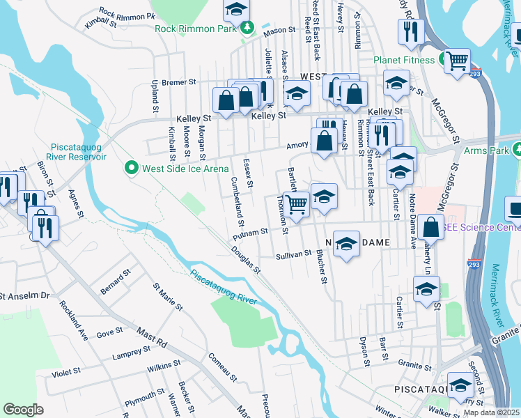 map of restaurants, bars, coffee shops, grocery stores, and more near 111 Monitor Street in Manchester