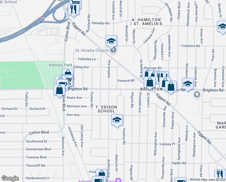 map of restaurants, bars, coffee shops, grocery stores, and more near 389 Ashford Avenue in Tonawanda