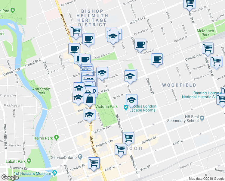 map of restaurants, bars, coffee shops, grocery stores, and more near 294 Central Avenue in London