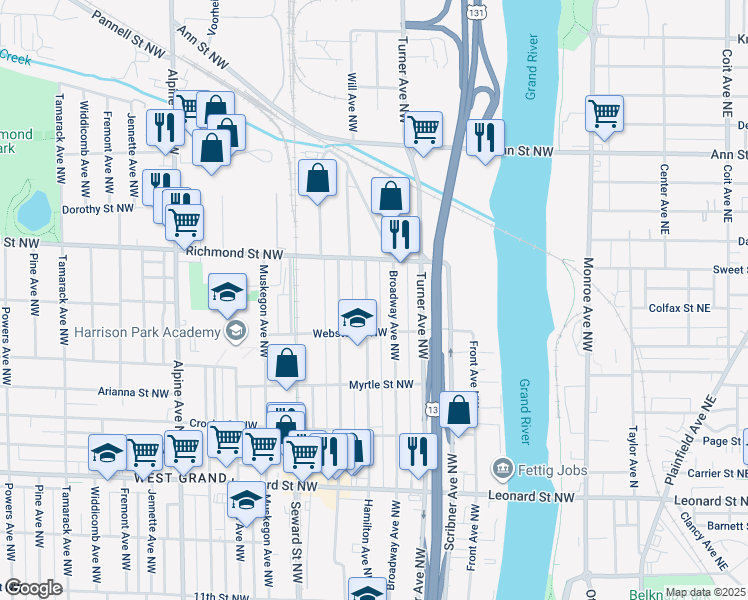 map of restaurants, bars, coffee shops, grocery stores, and more near in Grand Rapids
