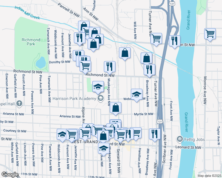 map of restaurants, bars, coffee shops, grocery stores, and more near 638 Richmond Street Northwest in Grand Rapids