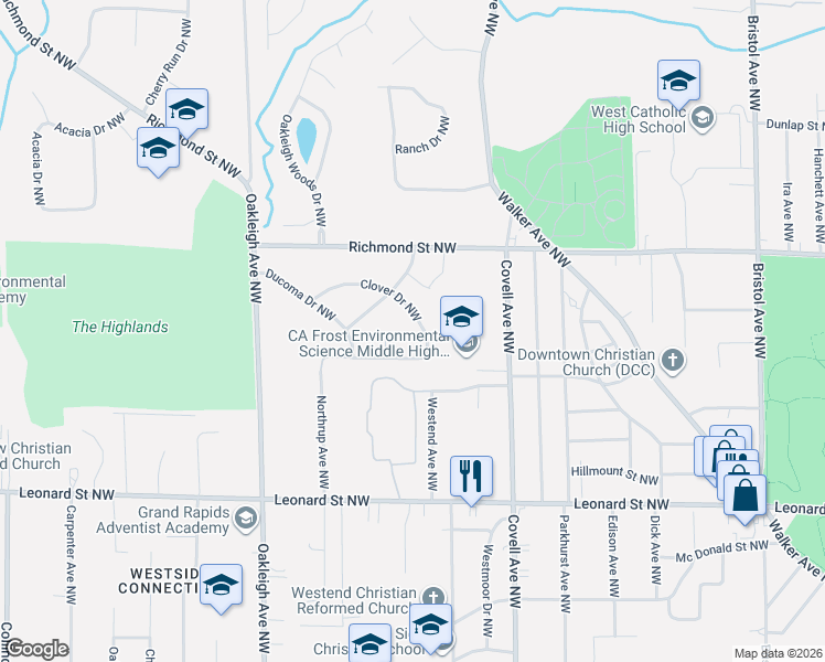 map of restaurants, bars, coffee shops, grocery stores, and more near 1504 Blythe Drive Northwest in Grand Rapids