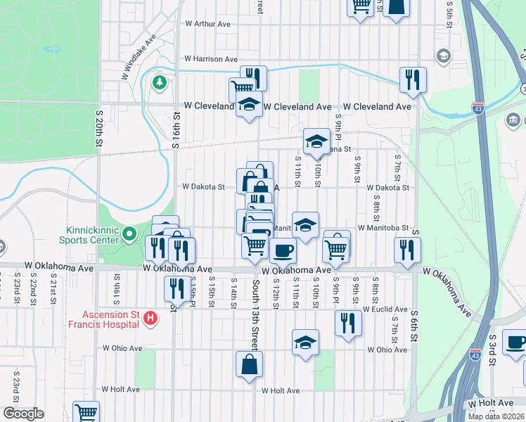 map of restaurants, bars, coffee shops, grocery stores, and more near 2918 South 13th Street in Milwaukee