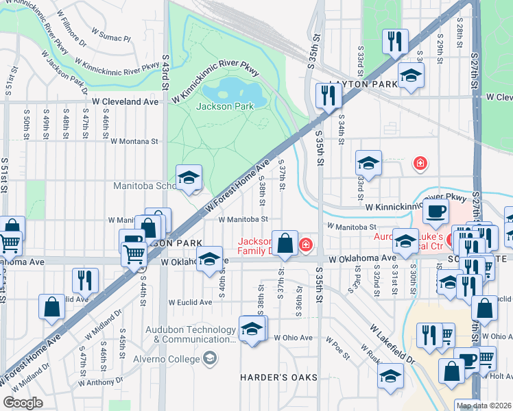 map of restaurants, bars, coffee shops, grocery stores, and more near 2924 South 38th Street in Milwaukee
