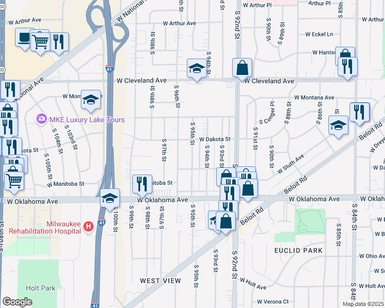 map of restaurants, bars, coffee shops, grocery stores, and more near 2915 South 94th Street in West Allis