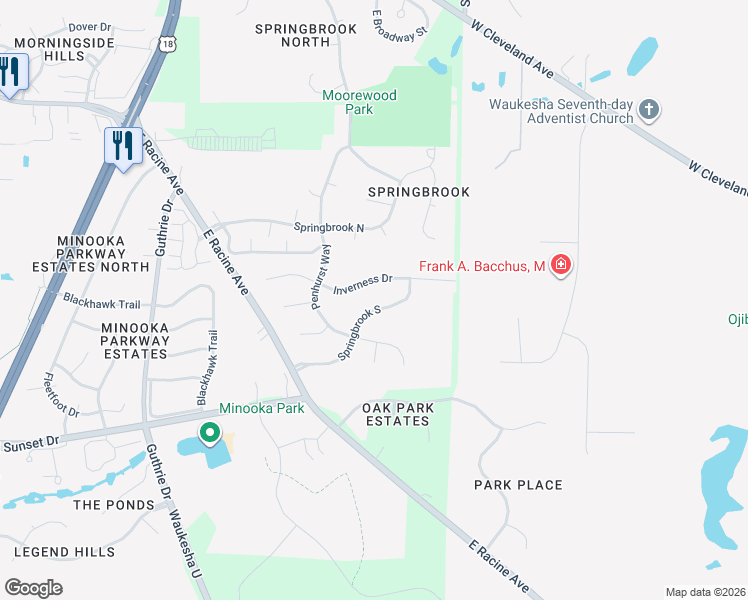 map of restaurants, bars, coffee shops, grocery stores, and more near 2129 Inverness Drive in Waukesha