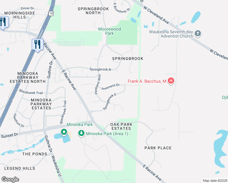 map of restaurants, bars, coffee shops, grocery stores, and more near 2129 Inverness Drive in Waukesha