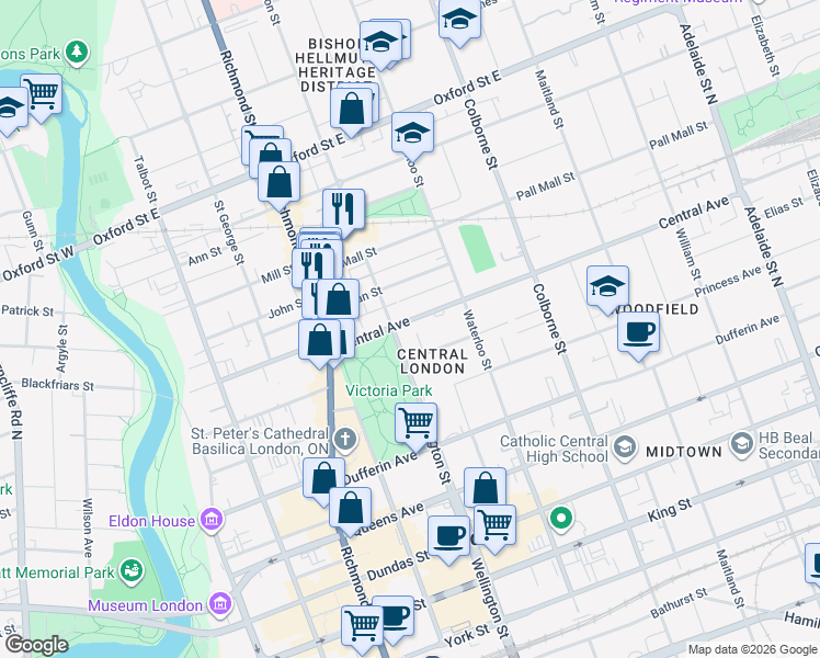 map of restaurants, bars, coffee shops, grocery stores, and more near 291 Central Avenue in London