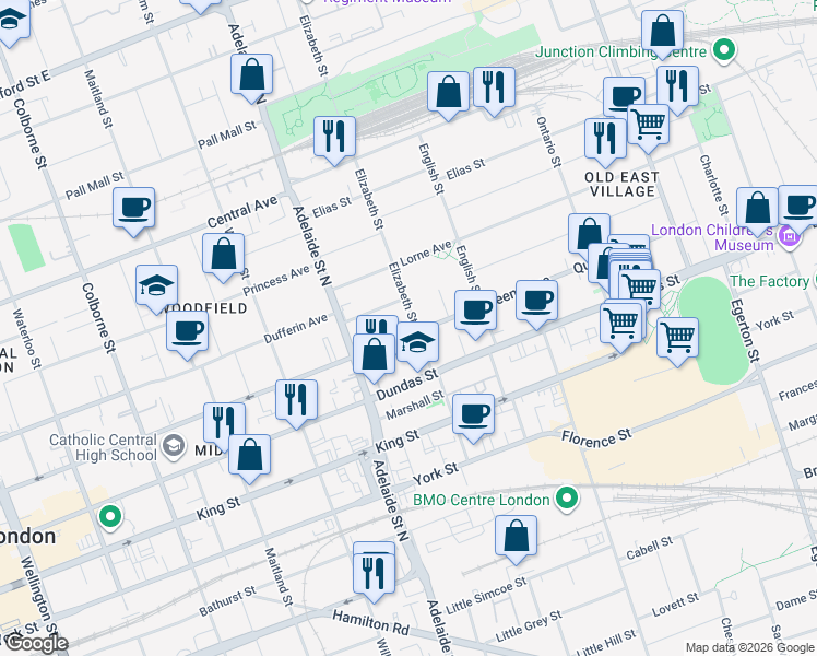map of restaurants, bars, coffee shops, grocery stores, and more near 668 Queens Avenue in London