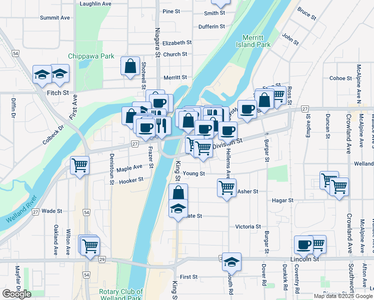 map of restaurants, bars, coffee shops, grocery stores, and more near 26 Division Street in Welland