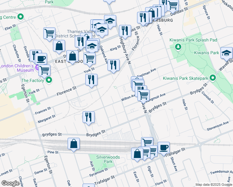 map of restaurants, bars, coffee shops, grocery stores, and more near 223 Oakland Avenue in London