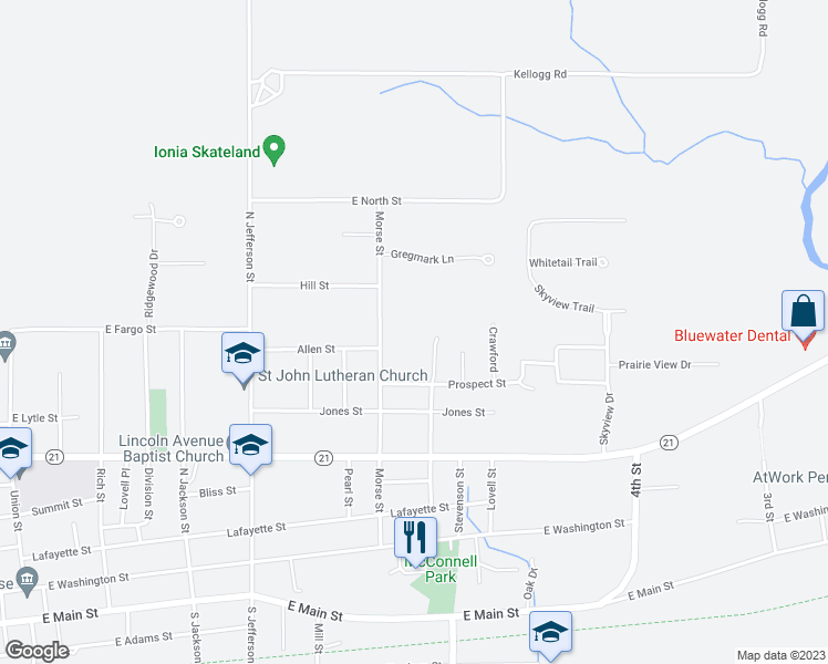 map of restaurants, bars, coffee shops, grocery stores, and more near 630 Johnson Street in Ionia