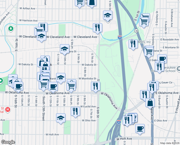 map of restaurants, bars, coffee shops, grocery stores, and more near 2914 South 8th Street in Milwaukee