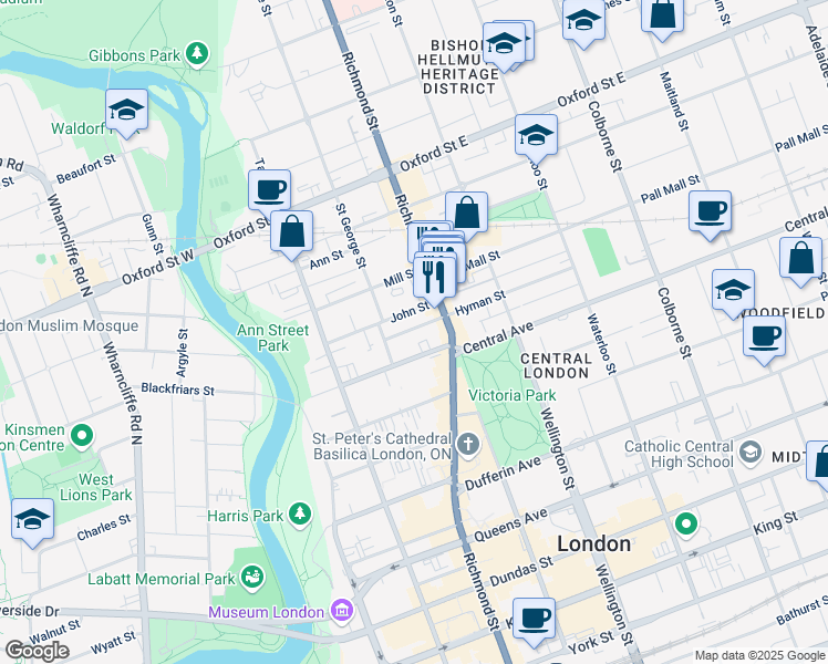 map of restaurants, bars, coffee shops, grocery stores, and more near 193 Hyman Street in London