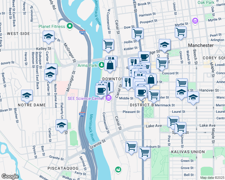 map of restaurants, bars, coffee shops, grocery stores, and more near 300 Bedford Street in Manchester