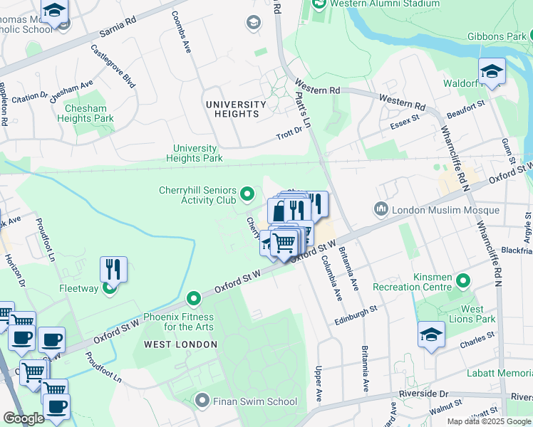 map of restaurants, bars, coffee shops, grocery stores, and more near 110 Cherryhill Place in London