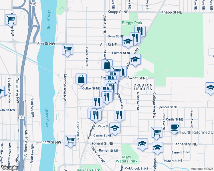 map of restaurants, bars, coffee shops, grocery stores, and more near 1552 Coit Avenue Northeast in Grand Rapids