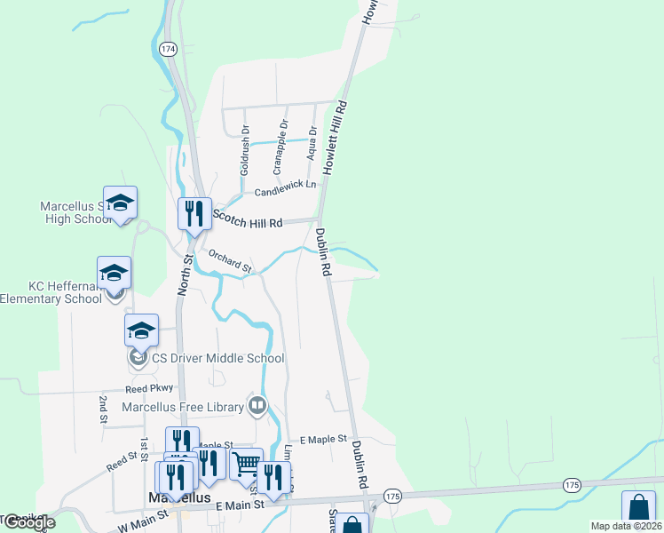 map of restaurants, bars, coffee shops, grocery stores, and more near 4550 County Road 40 in Marcellus