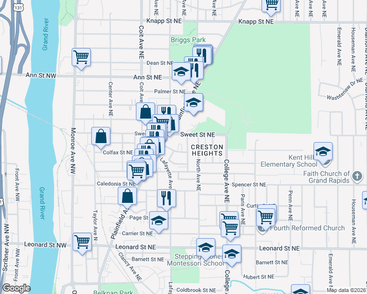 map of restaurants, bars, coffee shops, grocery stores, and more near 1557 Forrest Avenue Northeast in Grand Rapids