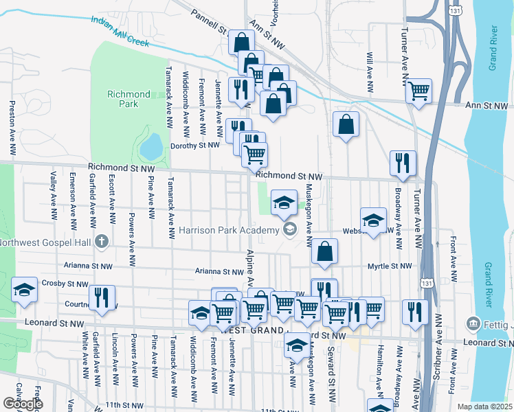 map of restaurants, bars, coffee shops, grocery stores, and more near 1522 Alpine Avenue Northwest in Grand Rapids