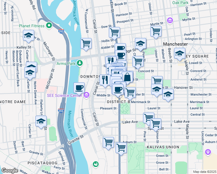 map of restaurants, bars, coffee shops, grocery stores, and more near 61 Stark Street in Manchester