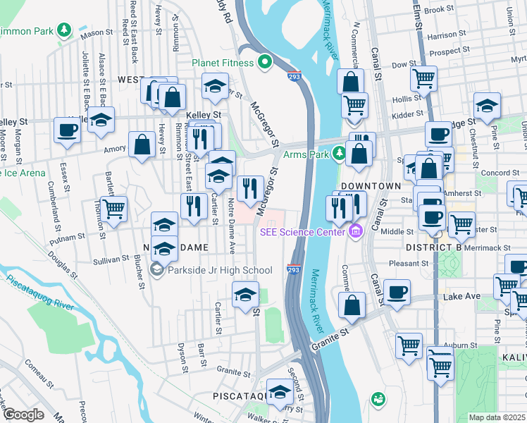 map of restaurants, bars, coffee shops, grocery stores, and more near 87 Foundry Street in Manchester