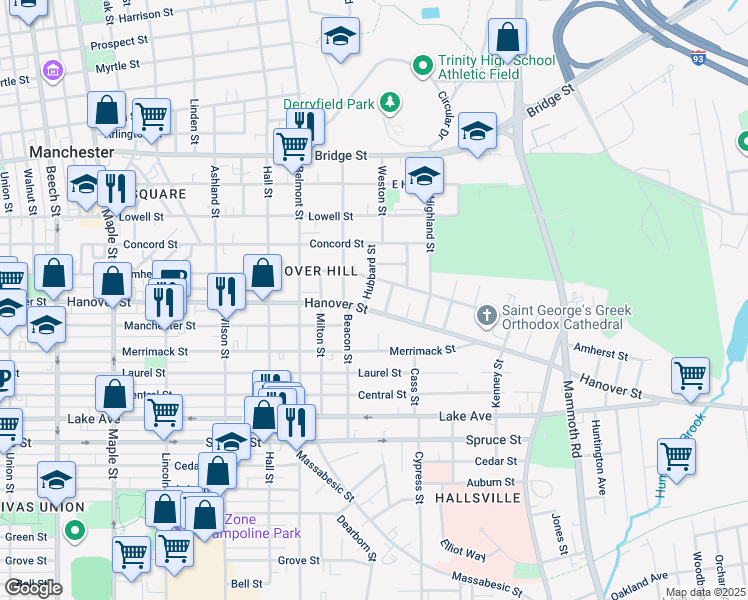 map of restaurants, bars, coffee shops, grocery stores, and more near 49 Hubbard Street in Manchester