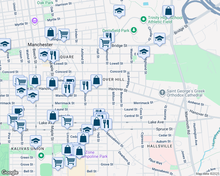 map of restaurants, bars, coffee shops, grocery stores, and more near 557 Belmont Street in Manchester