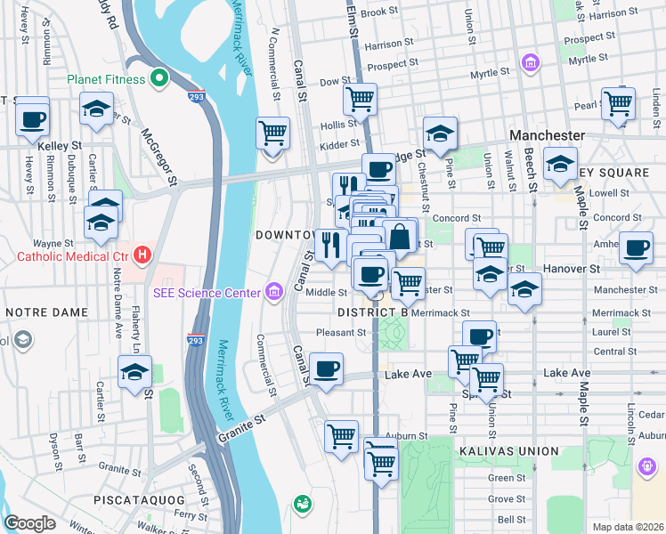 map of restaurants, bars, coffee shops, grocery stores, and more near 61 Stark Street in Manchester